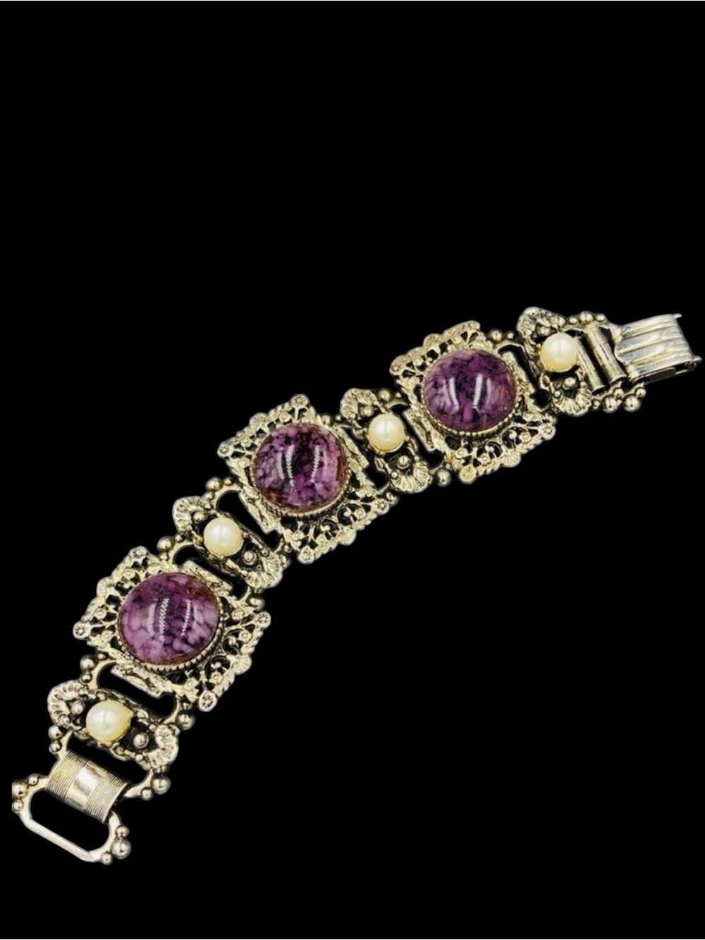 Victorian Revival Purple Art Glass Book Chain Bracelet